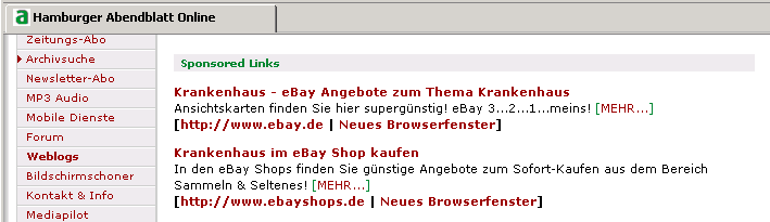 Werbeanzeige: Krankenhäuser bei Ebay im Angebot